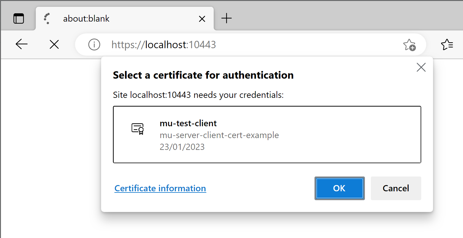 Prompt in Microsoft Edge asking which client certificate to send